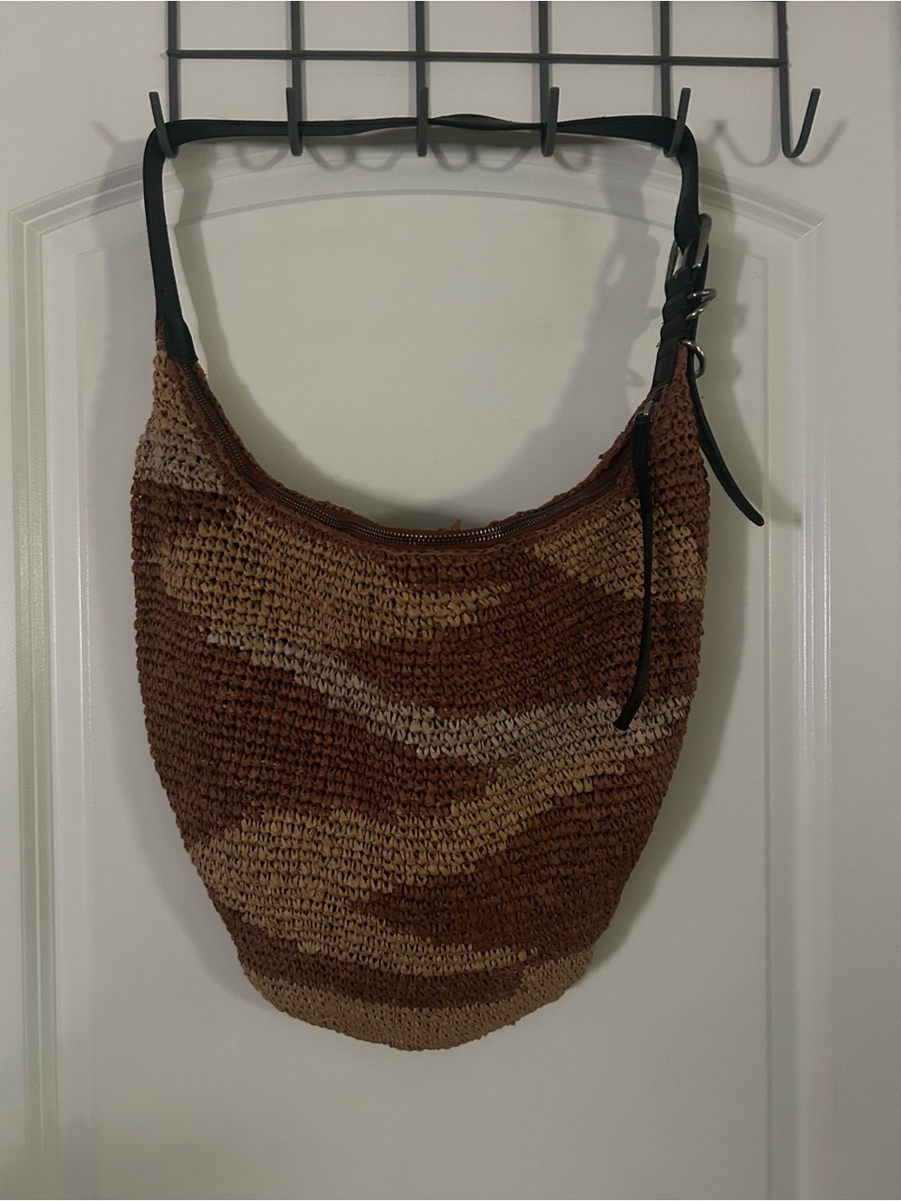 Free People Woven Hobo Bag in Brown and Tan with Black Strap